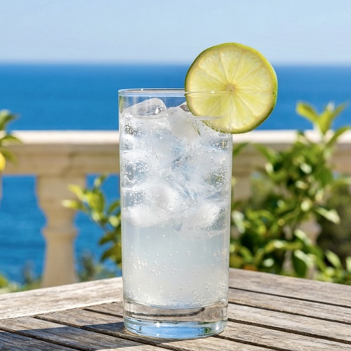 Gin Rickey cocktail in a highball glass with lime.